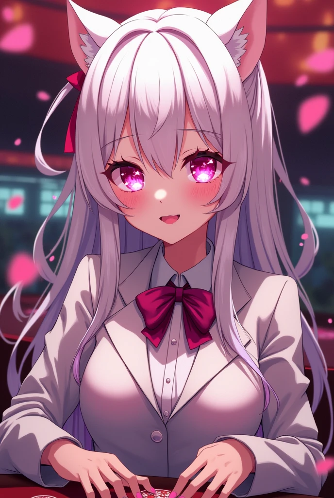 Kakegurui female character: White long hair, hot pink eyes, lips and nails. Her eyes are hot pink and have big white sparkles. She also wears the usual Kakegurui school uniform. She's gambling with a smile