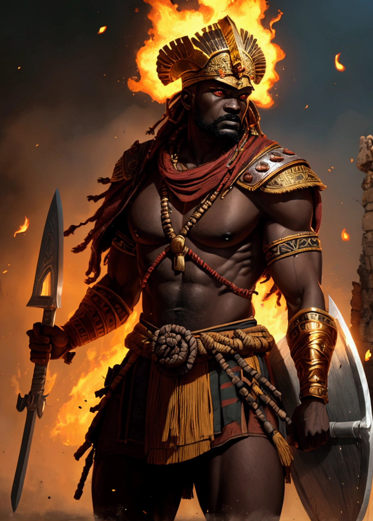 african warrior, brawny, high resolution, 8k, perfect lighting, flames everywhere, mysterious look, lot of details, ax in hand, in war