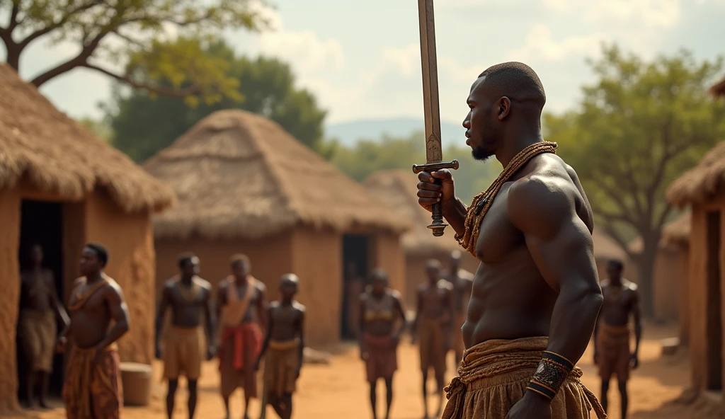 An African hunter with bare chest,short hair,sword in one hand and an amulet in the other hand pointing it to the villagers, while the villagers emerge from their huts