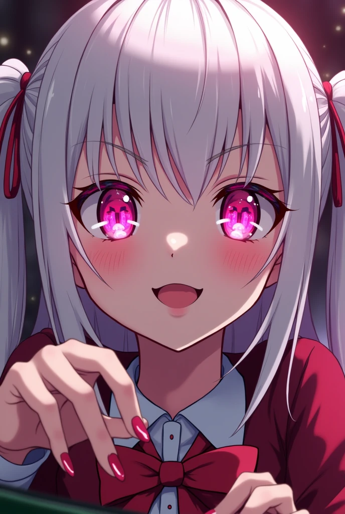 Kakegurui female character: White hair, hot pink eyes, lips and nails. Her eyes are hot pink and have big white sparkles. She also wears the usual Kakegurui school uniform. She's gambling with a smile