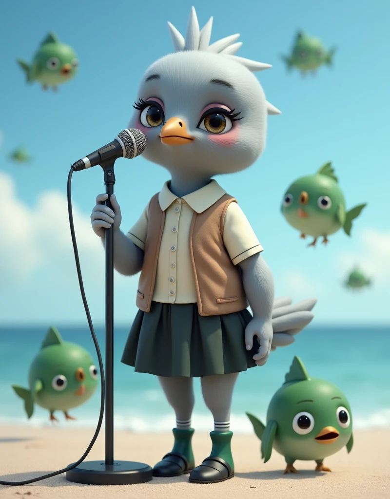 ((Highest quality)), ((masterpiece)), (photograph:1.6), (front), photorealistic, portrait, Singing with a microphone surrounded by lots of green, round puffer fish。
Big cute eyes, human expression。A small grey female pigeon with a head slightly larger than its body。
Off-white short-sleeved collared shirt with a light brown vest that was closed at the front、A knee-length black skirt with dark green socks and black shoes、Clear blue sky and ocean views。