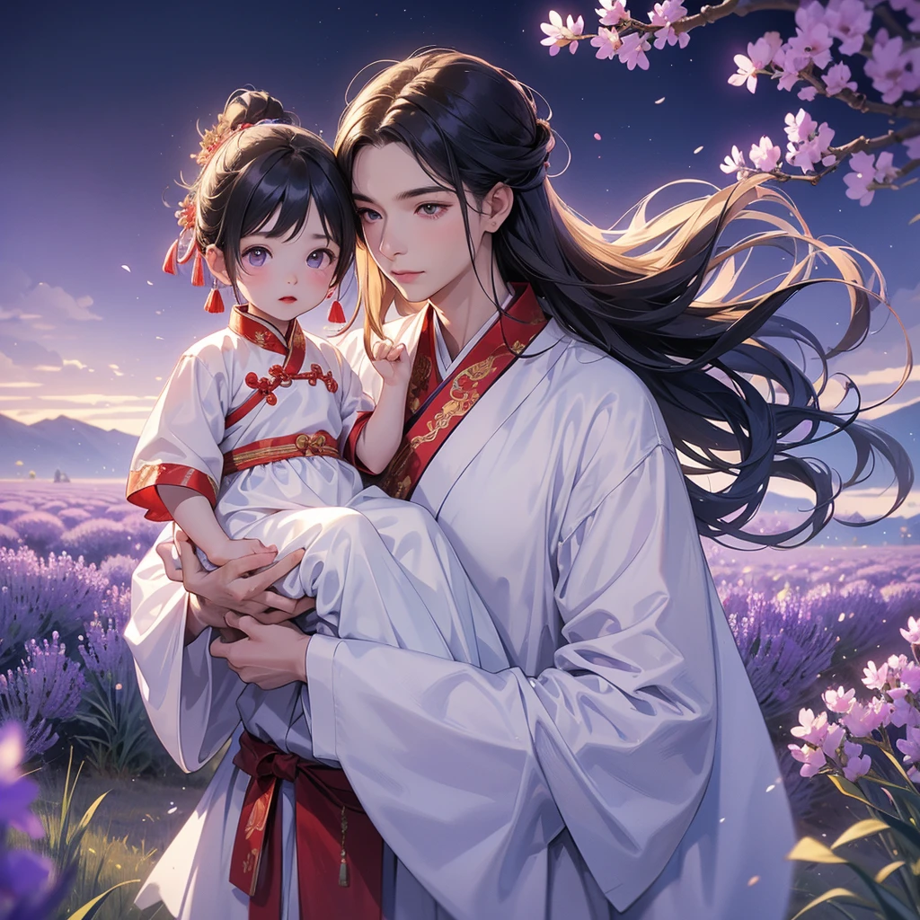 A one-year-old baby boy in an white ancient Chinese baby costume with his beautiful mother, dressed in an ancient Chinese costume, Stroll among the purple lavender fields , There are some floating clouds, playing with each other, with his handsome father standing next to his mother, close up.