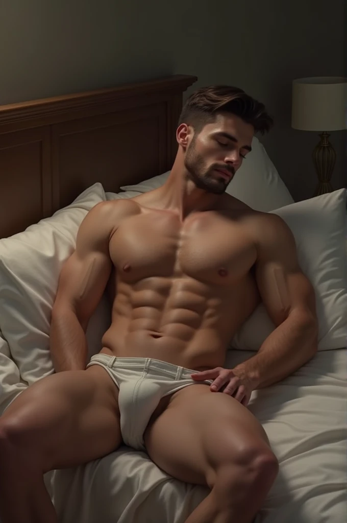 Muscular handsome guy naked with big penis on bed