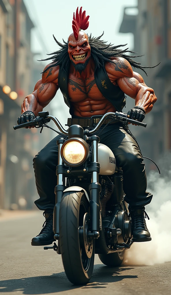 den, rooster bird, male, adult, veiny muscles, defined body, toned muscles, dark black pants, terrorist, bandit, criminal, pirate, serious look, fierce look, small eye, black feathered body, white feathers, den, pig, male, adult, veiny muscles, defined body, toned muscles, dark black pants, terrorist, bandit, criminal, pirate, serious look, fierce look, small eye, black feathered body, white feathers detailed background, wild background, clear weather, realistic, photorealistic, ultra realistic, 8k, bare chest, black nipples, tight crotch, shirtless, utility belt, shiny skin, torso tattoo, long feathers, unbuttoned black vest, riding a white Yamaha motorcycle with smoke coming out of it, in the city,