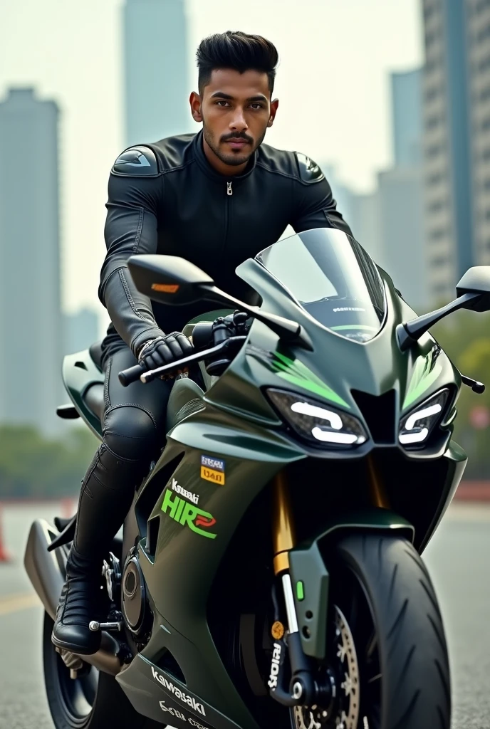 A 20 years old indian boy sitting on kawasaki ninja h2r bike