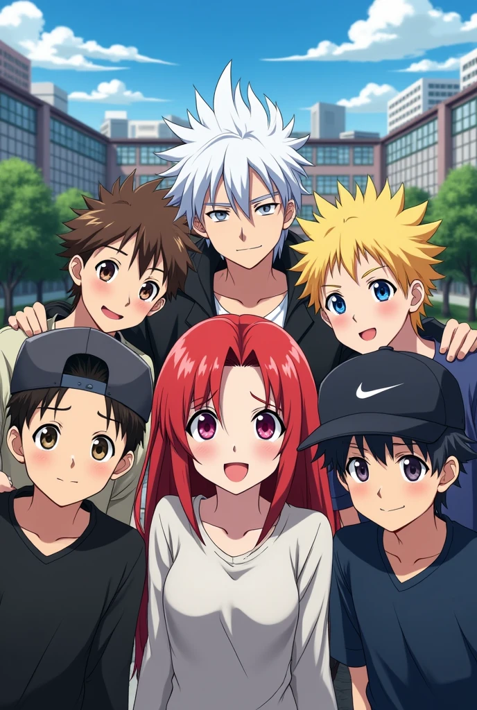 One boy at the last of the picture he have a cap on his head and on the boys right side a boy who have spiky hair golden colour and on the boys right side a girl have red hair and on the right side of the girl a boy have white hair and blue eyes he looks like a leader of the group and on the right side of the boy he have a classic anime hair style and the hole pic the girl is on center of the group and they maintain a friendly distance edit the picture in anime style and they are total four boys and one girl they all wear Japanese school uniform with Tokyo background I need a uniqueness of all the characters and they all are 18+ they all are friends and they ready for a pic the girl holds a selfie Camara 