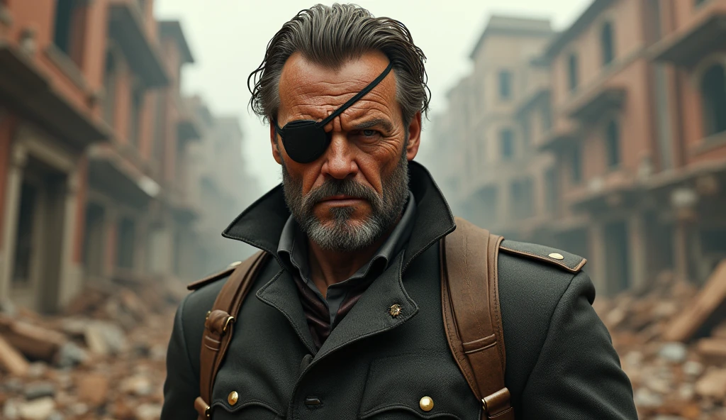 1850's Marvel Avengers character, dark nick fury , vintage nick fury, realistic, realistic character, vintage, vintage character, vintage background, male, destroyed city in background, highly detailed, extremely detailed, 8k, masterpiece, ultra-detailed, photorealistic, hdr, studio lighting, physically-based rendering, extreme detail description, vivid colors, dramatic lighting, cinematic, epic, nick fury from 90s