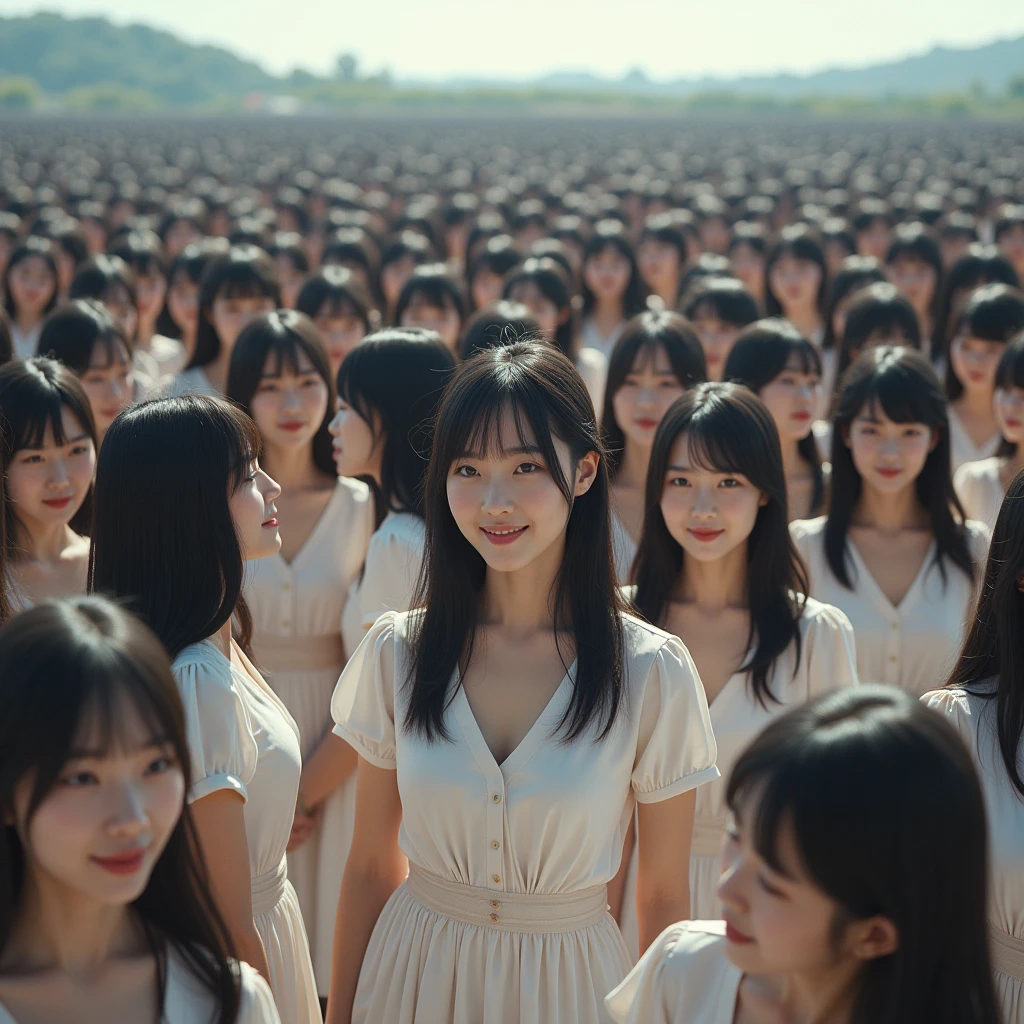 (((((Japanese Clone girls=Myself)))))), (((Best Super High quality Myself Clone girls Raw Photography Art))), (16K, Highest quality, Ultra-high resolution, RAW Photos), (((It's so unrealistic., With unparalleled depiction, With an unfathomable sight, An unprecedented and shocking worldview, Clone girls in a world of mass reproduction, Ultra-realistic))), (((Japanese, woman, 20yo, Saito-Asuka))), (Small face, ((Thick black hair, Semi-long hair))), ((V-neck short-sleeve dress)), (((((Very detailed美しい女体, Accurate body structure, Very detailed完璧な, Super busty body with very large breasts, Clearly emphasizes cleavage))))), (((Dark Eyes, Mature face, Cute Smile, A gentle gaze))), (((Her happy and smiling expression is so cute))), ((((((((Very detailed分身増殖描写, ((1girl→Myself cloning→1,000,000,000,000,000,000,000,000,000,000,000,000,000,000,000,000,000,000,000,000Myself Clone girls)))))))))), ((((((((Very detailed, The precise depiction of the proliferation of Myself Clone girls, ((With the perfectly identical bodies of Myself clone girls, With the exact same face as the Myself clone girls, With the exact same hairstyle as the Myself clone girls, In the exact same clothes as the girls who are my clones, Perfectly the same height as the Myself clone girls, Super big breasts, just like the Myself clone girls)))))))))), (((Myself clone girls only))), (((Multiple pairs, Very detailed depiction, (Myself clone girls hug each other, Myself clone girls assemble, Fun conversations with fellow Myself clone girls, A fun conversation between Myself clone girls, Myself clone girls holding hands, Walking with lots of Myself clone girls)))), (((Everyone looks at the camera))), (((Unbelievably crowded, Transcendent Myself clone girls intimately, Countless Myself clone girls surround you in 360 degrees))), (Bright, soft sunlight), (((Very wide field of view, Very detailed, Detailed ultra-perspective depiction with clear depth, super wide top view))), (((((Landscape with a curved slope))))), (((Very photographic and detailed depiction, Myself clone girls will multiply infinitely and fill the surroundings from one side to the horizon with their bodies tightly packed together without any gaps., A scene of endless Myself clone girls and a fun atmosphere))), (Focus on the average value of the image)