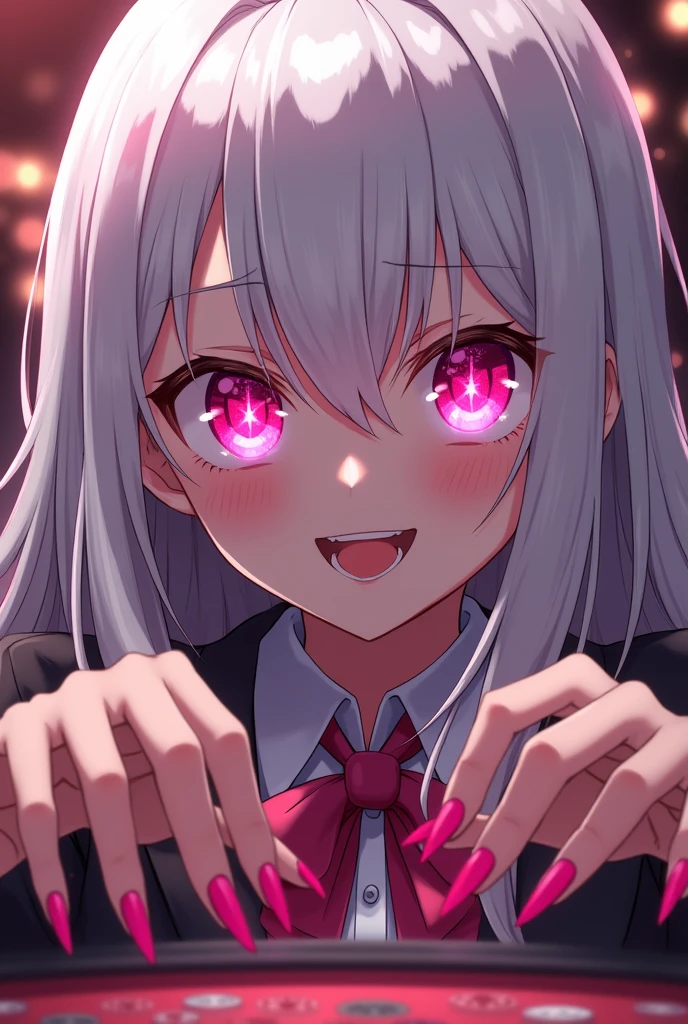 Kakegurui female character: White hair, hot pink eyes, lips and nails. Her eyes are hot pink and have big white sparkles. She also wears the usual Kakegurui school uniform. She's gambling with a smile