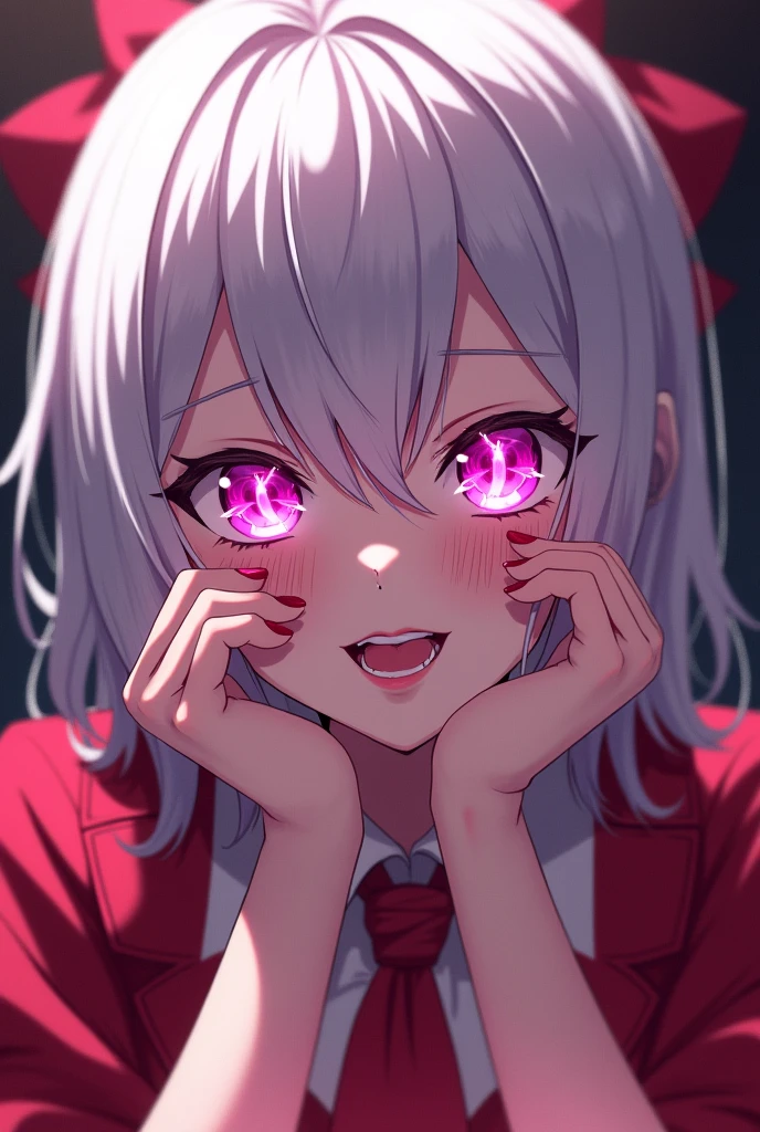 Kakegurui female character: White hair, hot pink eyes, lips and nails. Her eyes are hot pink and have big white sparkles. She also wears the usual Kakegurui school uniform. She's gambling with a smile