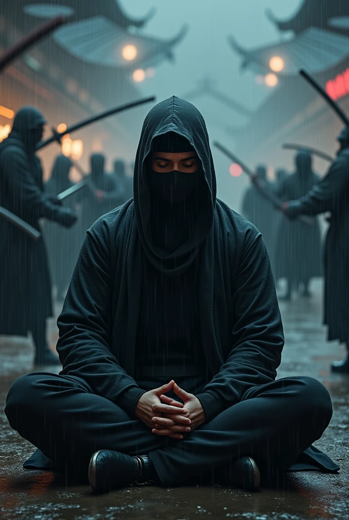 Masked Japanese ninja meditating while in the background there are ninjas fighting with katana at night in the rain (no hood, Only with balaclava)