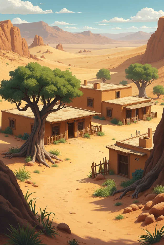 A small town in the desert with several simple houses and trees