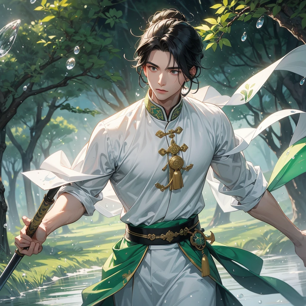 A Handsome black-hair male holding a large sword in white ancient chinese costume, Background is trees, vegetables, lush green, with water drops after rain, with water droplets everywhere, green, close up.