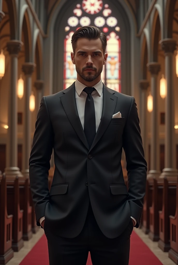 Man standing in black suit navy blue undershirt and black tie church
