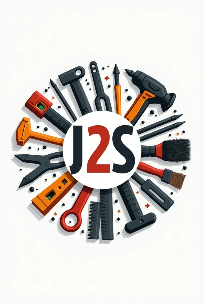 Circular logo of a company called J2S, with tools such as square , compass, ruler, spirit level, pinceau, mower...
