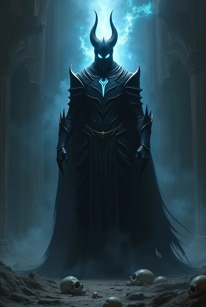 I would like a strong man fully covered in black knight armor, with a helmet that has slits emitting a faint blue glow. The gaps in the armor also emit a blue glow. The hands of the armor have fingers that resemble claws, and there is a dark aura around him, exuding a great sense of superiority. He will be the god of darkness. I would like a throne behind him and a completely dark place with skulls on the ground. I would like it to be in a mature style, with the art in a fantasy and RPG style set in the Old West.