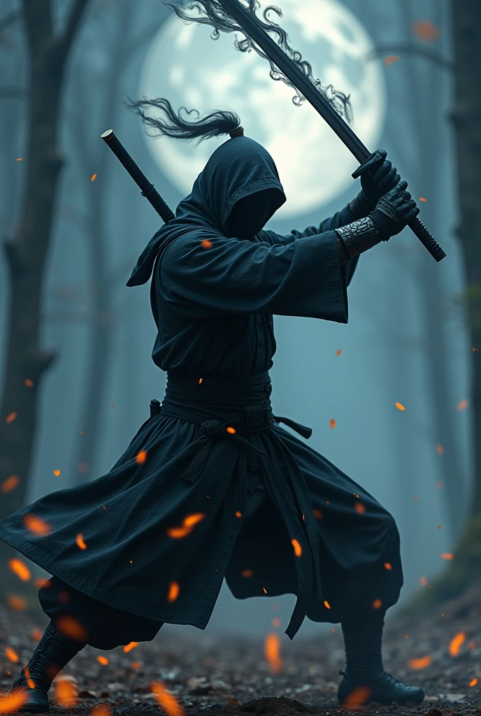 A samurai ninja fighting with his black fire sword