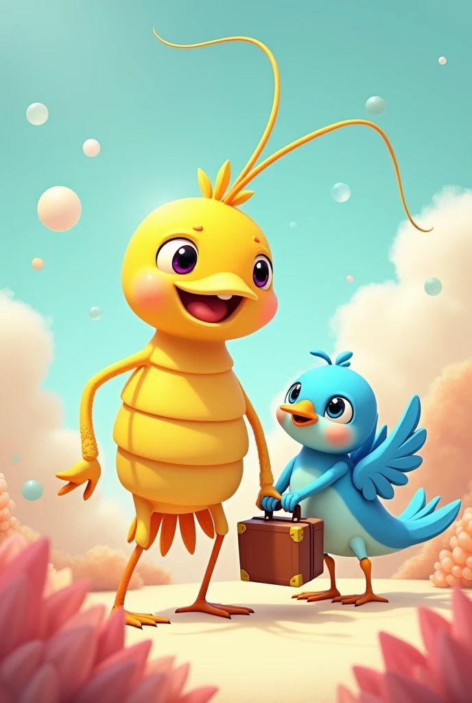 Yellow shrimp blue bird with suitcase 