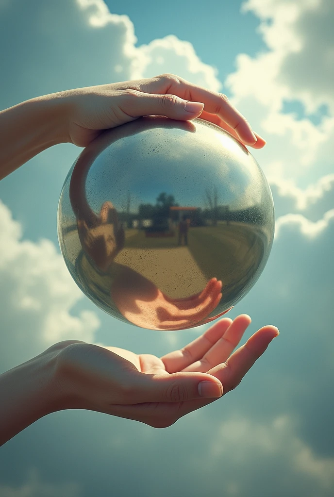 A metallic orb in the middle, (One hand on top of the orb and another hand under the orb). In the background a cloudy and sunny sky.