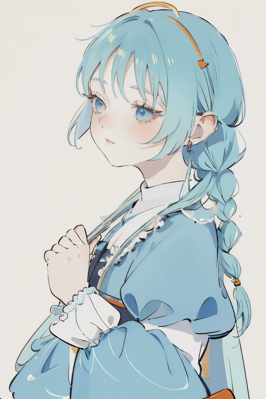 1 Girl, Orange sleeves, White hair, White skin, Light blue hair accessories, Blue suspenders, Blue clothes, Light blue eyes, Upper body close-up, Double braid