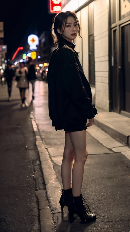 (8k, RAW photos, best quality, masterpiece: 1.2), (realistic, photorealistic: 1.37), Neon sign city night street, H line one piece, tired expression, long legs, high heel