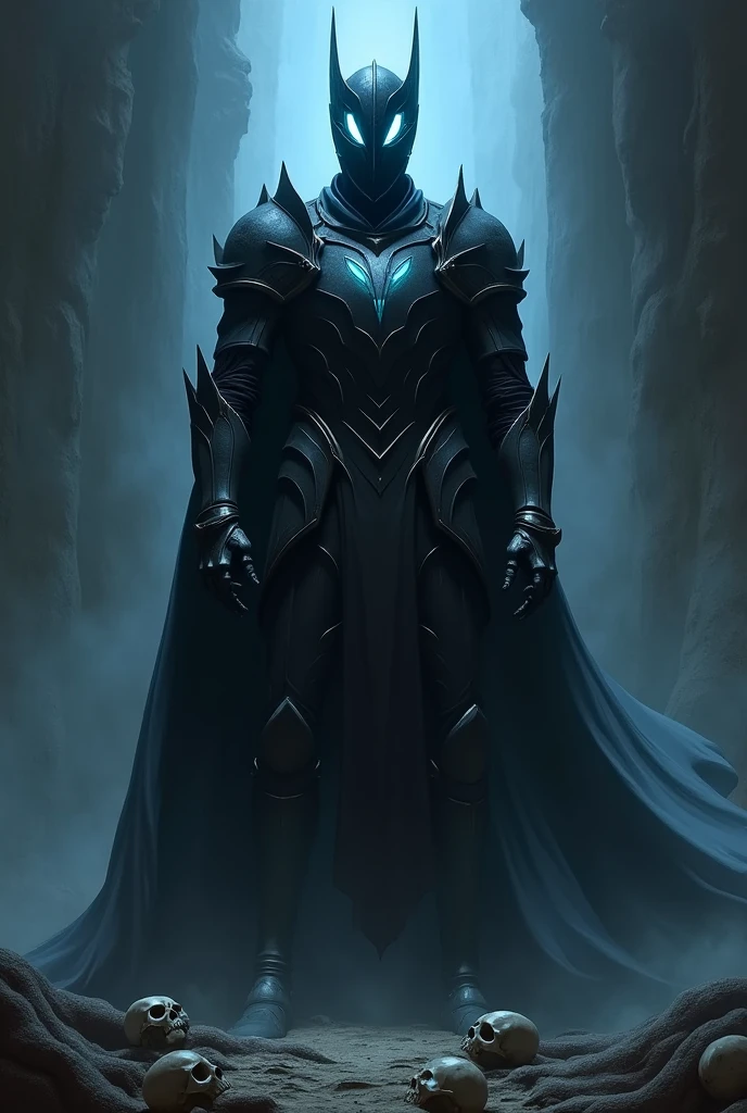 I would like a strong man fully covered in black knight armor, with a helmet that has slits emitting a faint blue glow. The gaps in the armor also emit a blue glow. The hands of the armor have fingers that resemble claws, and there is a dark aura around him, exuding a great sense of superiority. He will be the god of darkness. I would like a throne behind him and a completely dark place with skulls on the ground. I would like it to be in a mature style, with the art in a fantasy and RPG style set in the Old West.