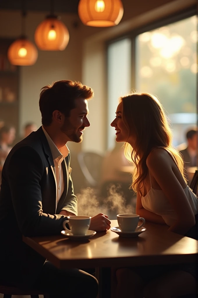 A couple sitting at a cozy café, having an open and heartfelt conversation, with warm and inviting lighting