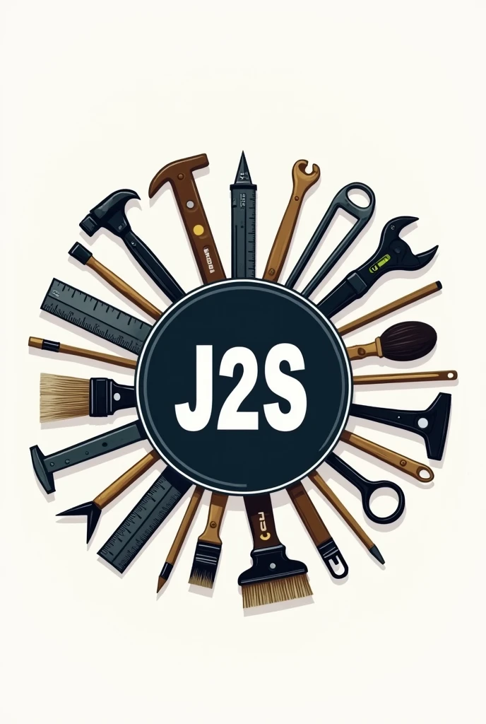 Circular logo of a company called J2S, with tools such as square , compass, ruler, spirit level, pinceau, mower...