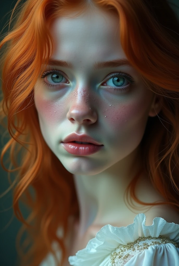 Create a beautiful redhead woman with blue eyes crying 