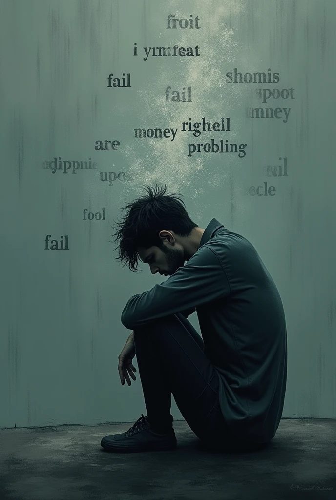 Show me  a person who wad depressed , show words in air like fail, tension, money problem and etc. Atmosphere is like sad show me that picture
