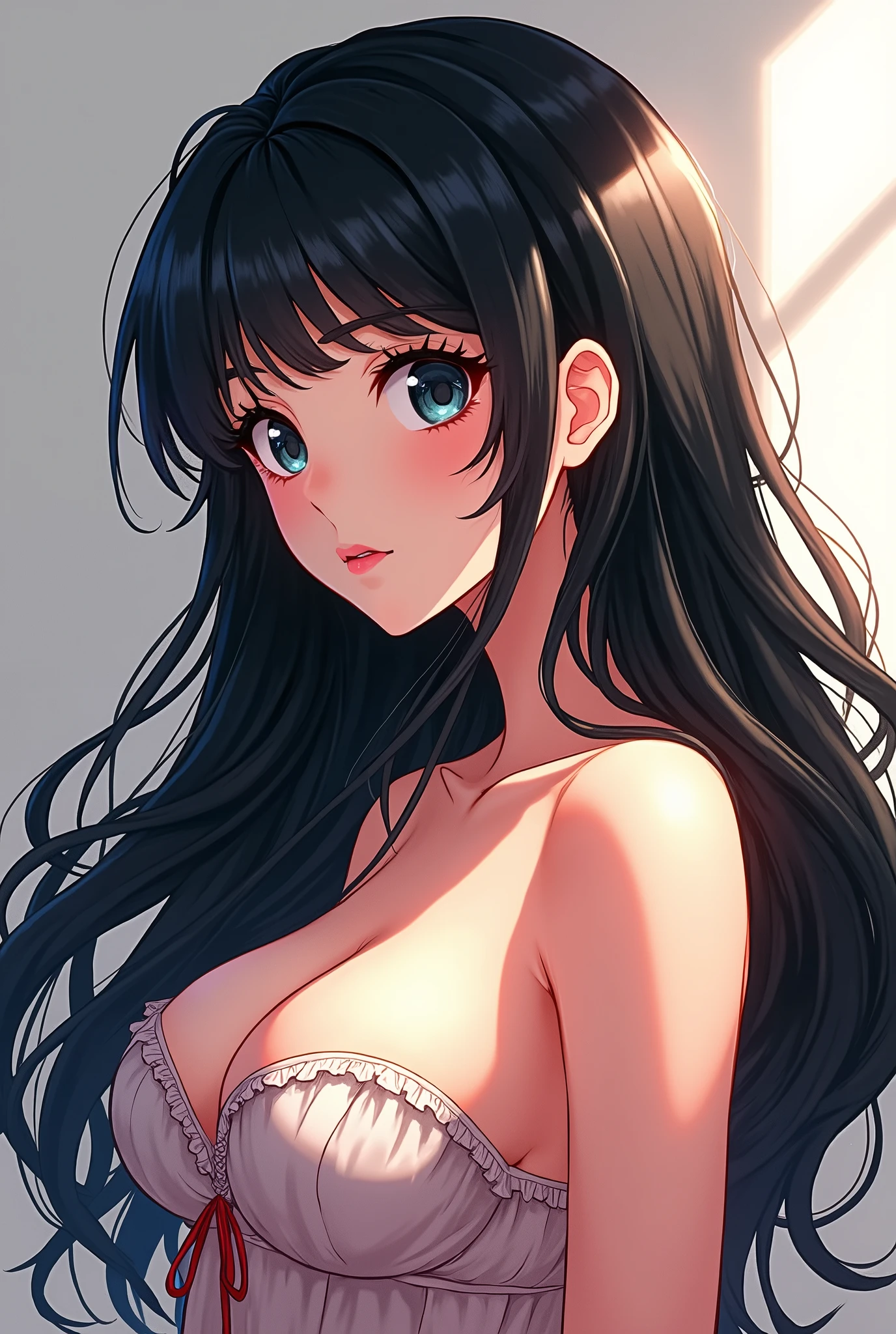anime girl with long black hair and large boobs