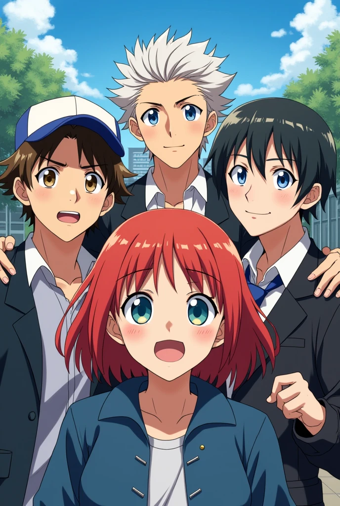One boy at the last of the picture he have a cap on his head and on the boys right side a boy who have spiky hair golden colour and on the boys right side a girl have red hair and on the right side of the girl a boy have white hair and blue eyes he looks like a leader of the group and on the right side of the boy he have a classic anime hair style and the hole pic the girl is on center of the group and they maintain a friendly distance edit the picture in anime style and they are total four boys and one girl they all wear Japanese school uniform with Tokyo background I need a uniqueness of all the characters and they all are 18+ they all are friends and they ready for a pic the girl holds a selfie Camara