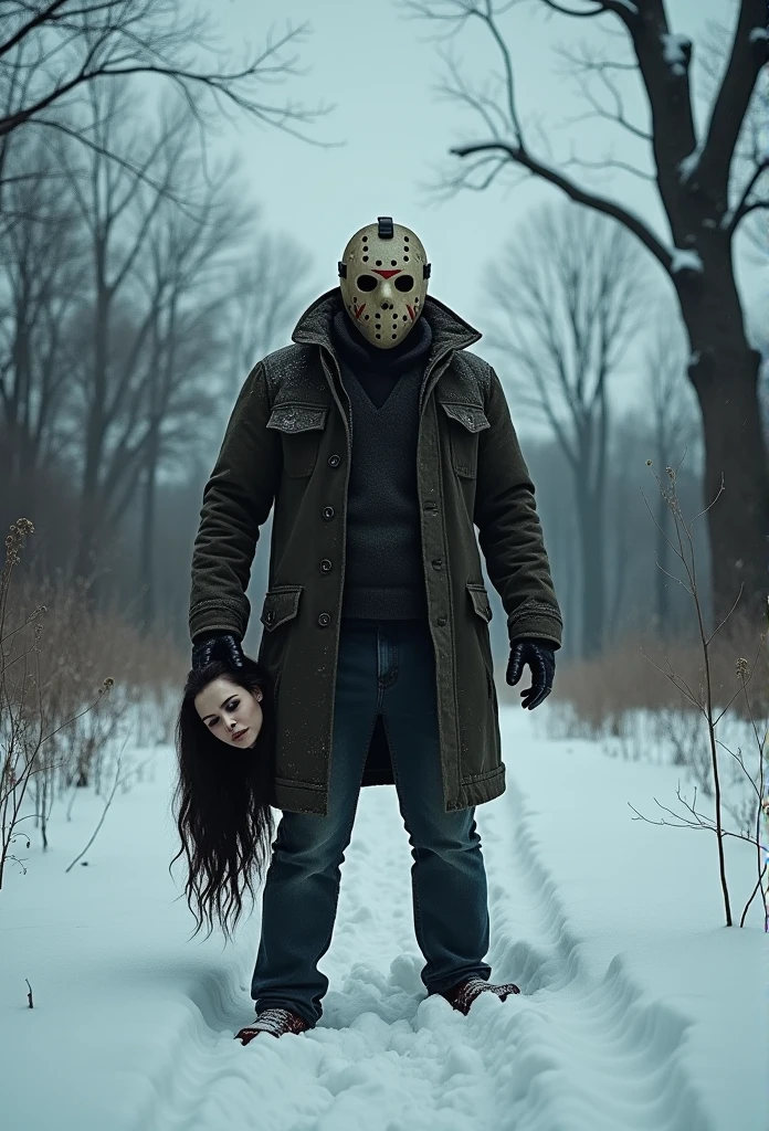 Jason Voorhees- A winter scene covered in snow, with tall, barren trees in the background, without leaves and with extended branches.
- A gray and gloomy sky with soft, diffused light, creating a tense and ominous atmosphere.
- A large and imposing human figure dressed in a long, dark coat, tattered and torn clothes, giving a worn and threatening appearance.
- The figure wears a dirty and damaged hockey mask, with rough and worn-out features.
- The figure holds a severed head of a woman in the right hand, with long, dark hair hanging down, the woman's expression being peaceful and expressionless.
- The snow around shows deep and irregular footprints, indicating the recent movement of the figure.
- The entire scene conveys a sense of intense cold, desolation, and terror.
- Vibrant or saturated colors.
- Presence of other figures or creatures in the image.
- Fantastical or unrealistic elements like magic or supernatural creatures.
- Bright or sunny environment.
- Exaggerated facial expressions on the severed head.
- Cartoonish or anime style details.
