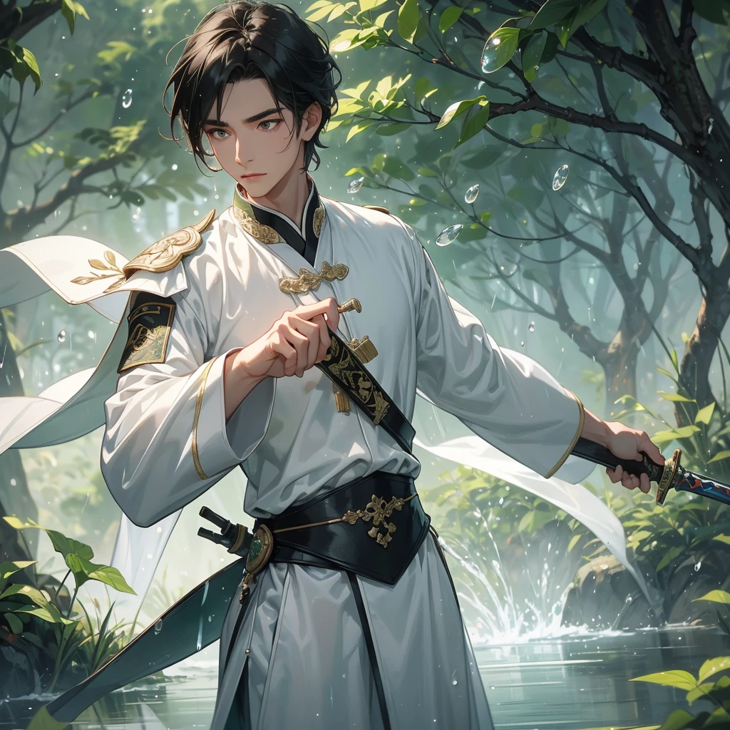 A Handsome black-hair male holding a large sword in white ancient chinese costume, Background is trees, vegetables, lush green, with water drops after rain, with water droplets everywhere, green, close up.