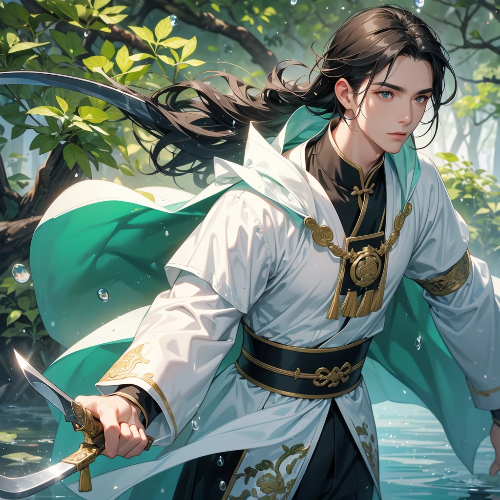 A Handsome black-hair male holding a large sword in white ancient chinese costume, Background is trees, vegetables, lush green, with water drops after rain, with water droplets everywhere, green, close up.