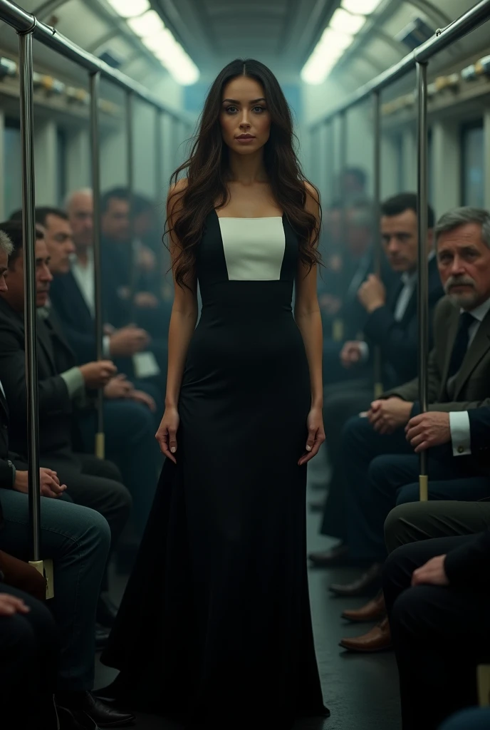 detailed, concentrated, Professional lighting, Very beautiful women, widow, long hair, curve body, black long dress(square white line motif), Full body image, Take a crowded train, Standing in the aisle, Holding the belt, Crowded inside the car, Surrounded by middle-aged men, the lights from the window on her face.