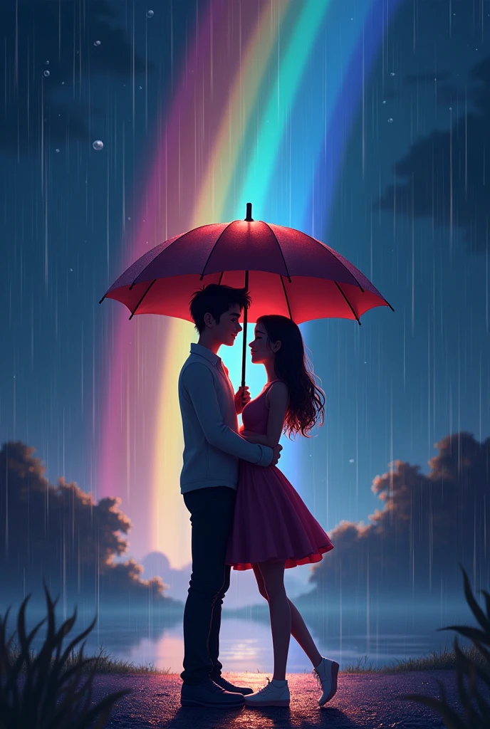 Me and my girlfriend standing in rain with ambrella and behind rainbow in animation and night time