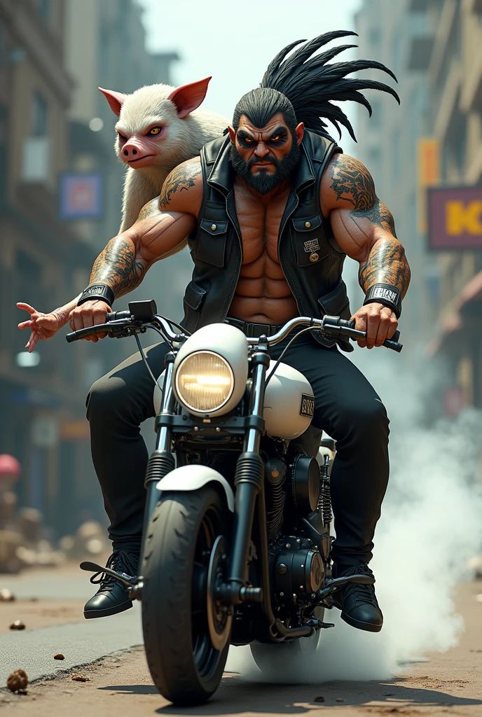 den, rooster bird, male, adult, veiny muscles, defined body, toned muscles, dark black pants, terrorist, bandit, criminal, pirate, serious look, fierce look, small eye, black feathered body, white feathers, den, pig, male, adult, veiny muscles, defined body, toned muscles, dark black pants, terrorist, bandit, criminal, pirate, serious look, fierce look, small eye, black feathered body, white feathers detailed background, wild background, clear weather, realistic, photorealistic, ultra realistic, 8k, bare chest, black nipples, tight crotch, shirtless, utility belt, shiny skin, torso tattoo, long feathers, unbuttoned black vest, riding a white Yamaha motorcycle with smoke coming out of it, in the city,