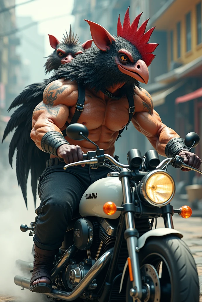 den, rooster bird, male, adult, veiny muscles, defined body, toned muscles, dark black pants, terrorist, bandit, criminal, pirate, serious look, fierce look, small eye, black feathered body, white feathers, den, pig, male, adult, veiny muscles, defined body, toned muscles, dark black pants, terrorist, bandit, criminal, pirate, serious look, fierce look, small eye, black feathered body, white feathers detailed background, wild background, clear weather, realistic, photorealistic, ultra realistic, 8k, bare chest, black nipples, tight crotch, shirtless, utility belt, shiny skin, torso tattoo, long feathers, unbuttoned black vest, riding a white Yamaha motorcycle with smoke coming out of it, in the city,