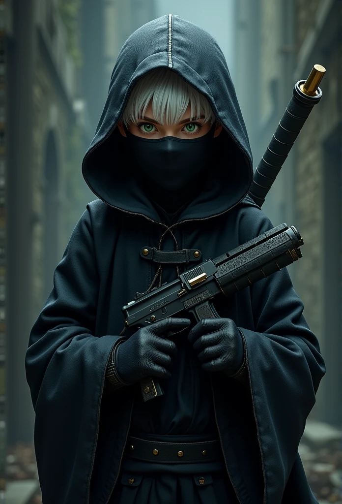 Ninja boy with black hood and black mask with white hair and green eyes, carrying firearms