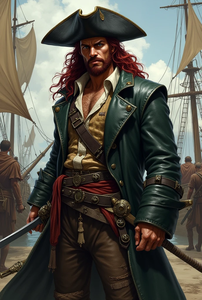 Create a full human race character image for D&D. A 2 pirate with long dark red hair with a short goatee and a dark red mustache.. He has dark green eyes. He wears a black leather hat, wears a dark brown leather pirate trench coat, wearing a light shirt and a damaged vest underneath. He carries two sabres on his belt. In the background is a pirate port with various ships