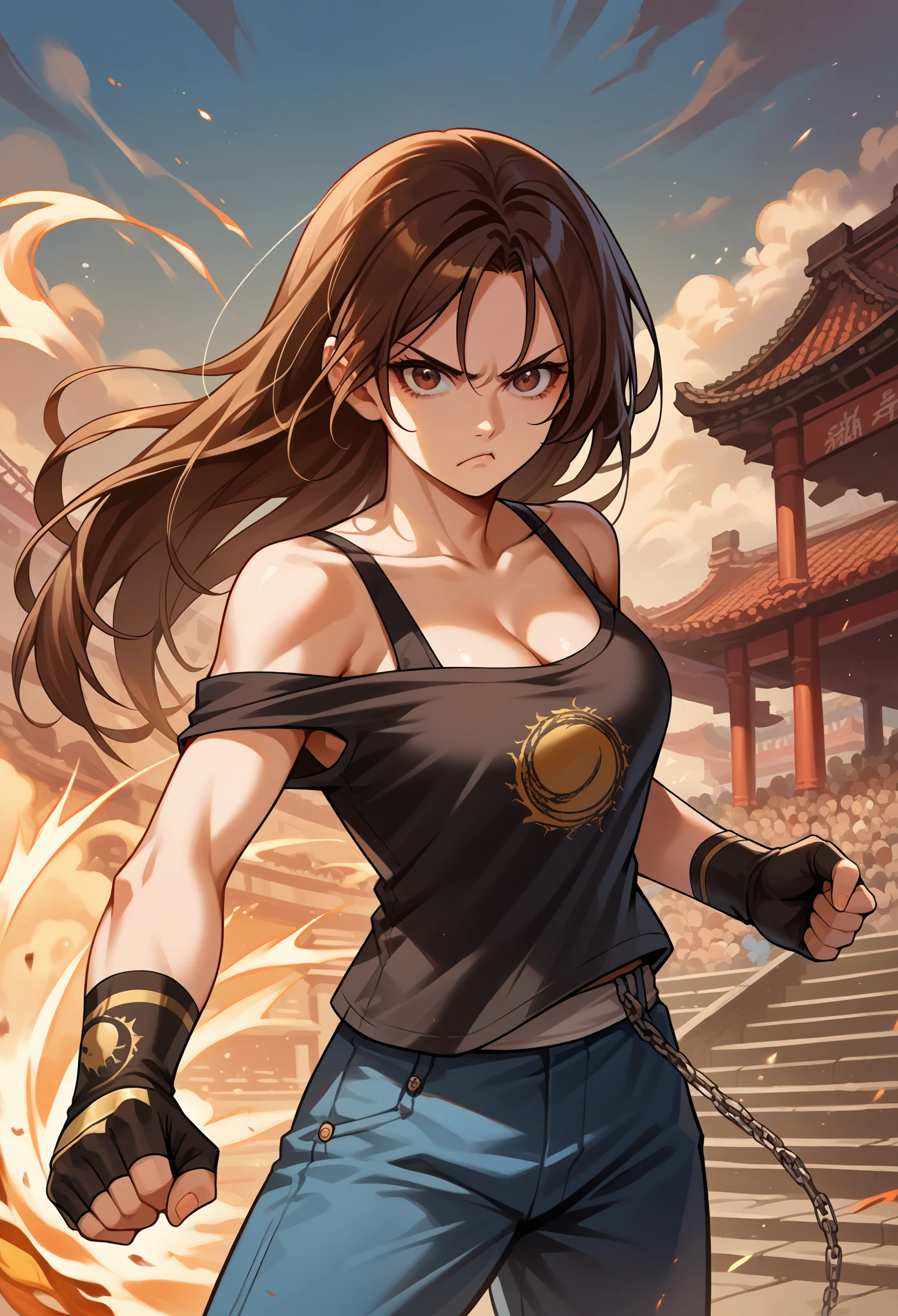 score_9, score_8_up, score_7_up, source_anime, 1girl, solo, (female:1.5), female focus, kyo_nest, brown hair, long hair, brown eyes,   black shirt, blue pants, chain, cleavage, off shoulder, sleeveless, fingerless gloves, fighting, stance, standing, pout, looking at you, coliseum