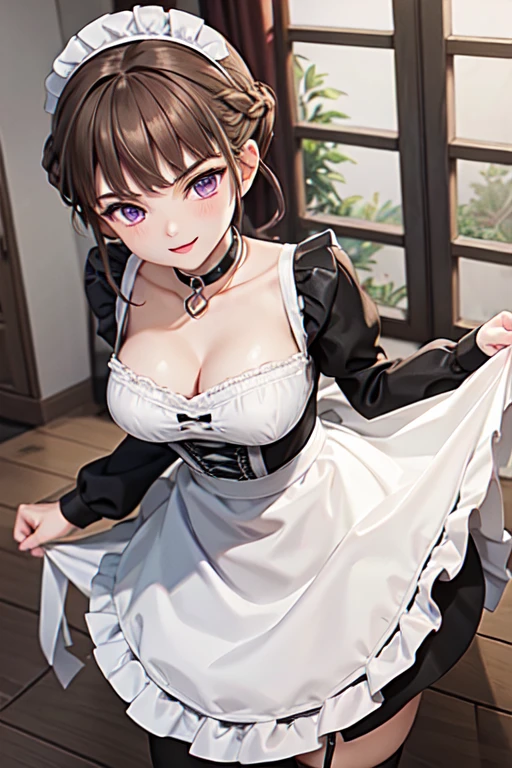 nice with you, short hair, braided hair, brown hair, violet eyes, woman, solo, Maid clothes, stockings, Headdress, choker, apronスカート, apron, Frills, ribbon, collar, cuffs,