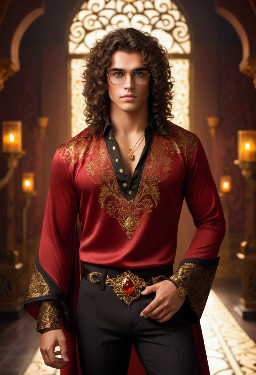 Dark brown long hair fluffy and curly, amber colored eyes, A tanned young man, Clean-shaven face, red blouse with wide sleeves and gold patterns, tight pants, стилистика dark fantasy. gold jewelry, rings, glasses with dark lenses.
