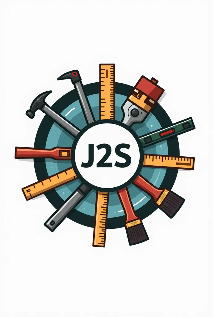 Circular logo of a company called J2S, with tools such as square , compass, ruler, spirit level, pinceau, mower... 