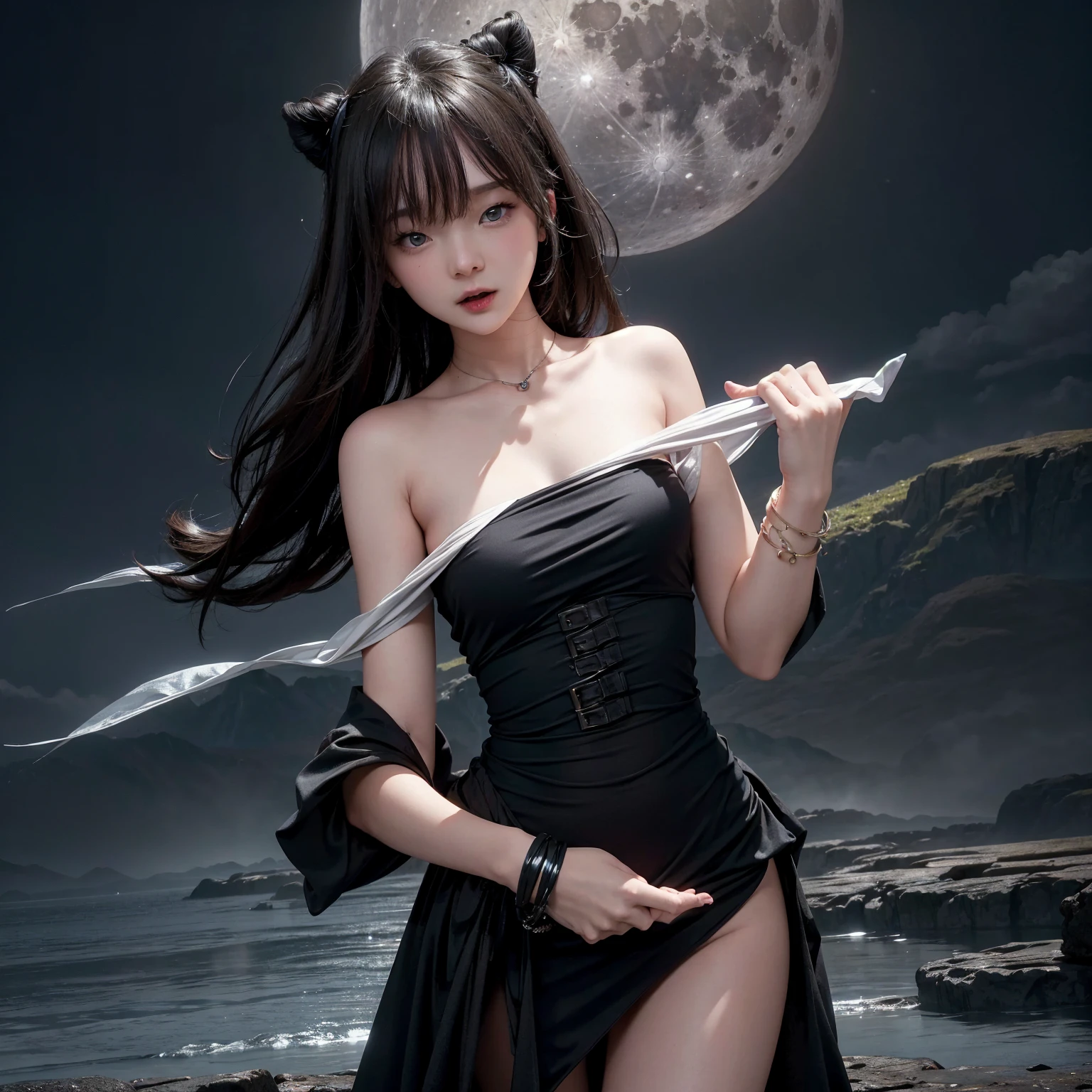 Highest quality、Realistic、girl、zoom、Orange eyes、Black Hair、Ninja、A well-trained body、White shinobi costume、Sleeveless、slender、Small breasts、Inappropriate smile、Moonlit Night、Bust Shot、