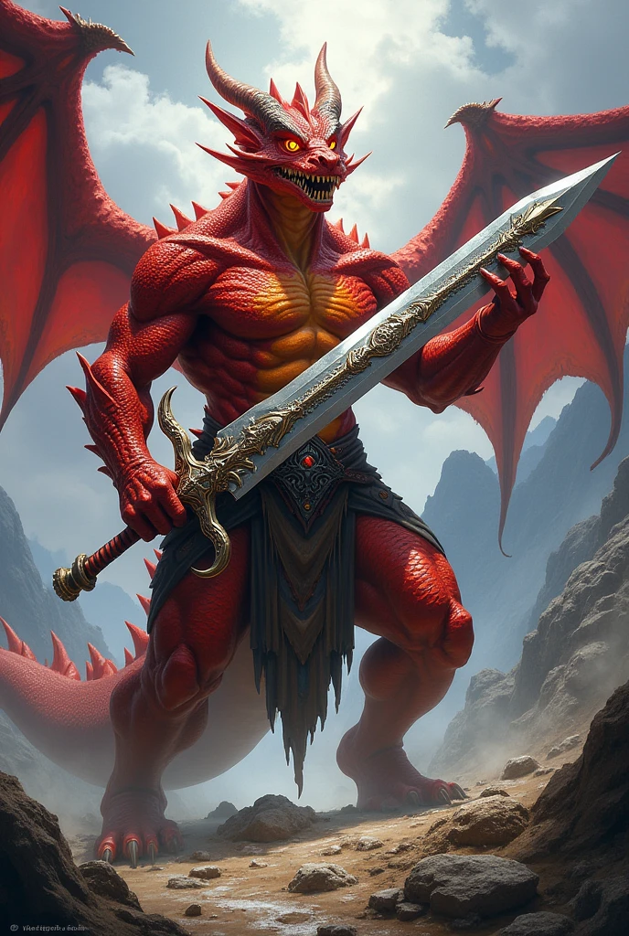 Red dragonborn with a large sword