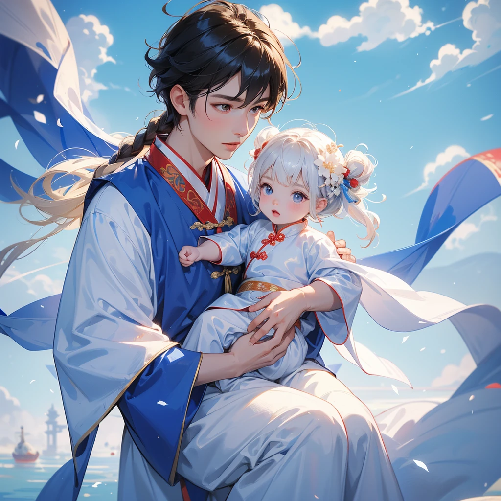 A one-year-old baby boy in an white ancient Chinese baby costume with his beautiful mother, dressed in an ancient Chinese costume, There are some floating clouds, playing with each other, with his handsome father standing next to his mother, close up.

Background is a blue sky, with low floating blue clouds all over the area