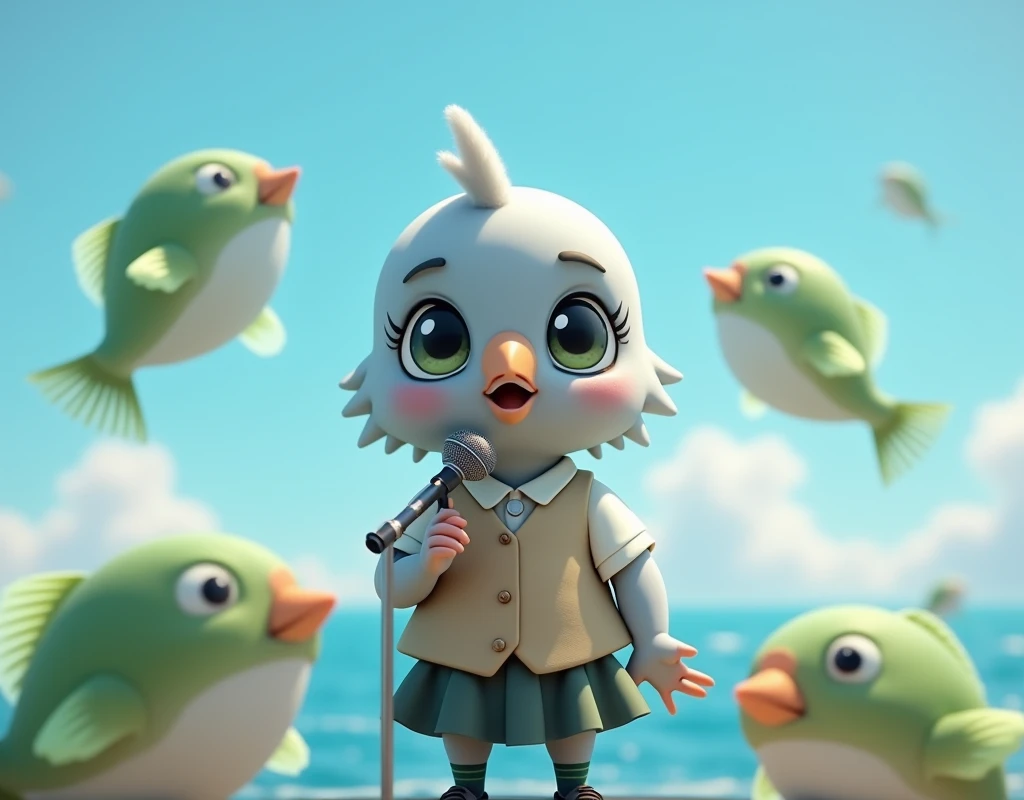 ((Highest quality)), ((masterpiece)), (photograph:1.6), (front), photorealistic, portrait, Singing with a microphone surrounded by lots of green, round puffer fish。
Big cute eyes, human expression。A small grey female pigeon with a head slightly larger than its body。
Off-white short-sleeved collared shirt with a light brown vest that was closed at the front、A knee-length black skirt with dark green socks and black shoes、Clear blue sky and ocean views。
