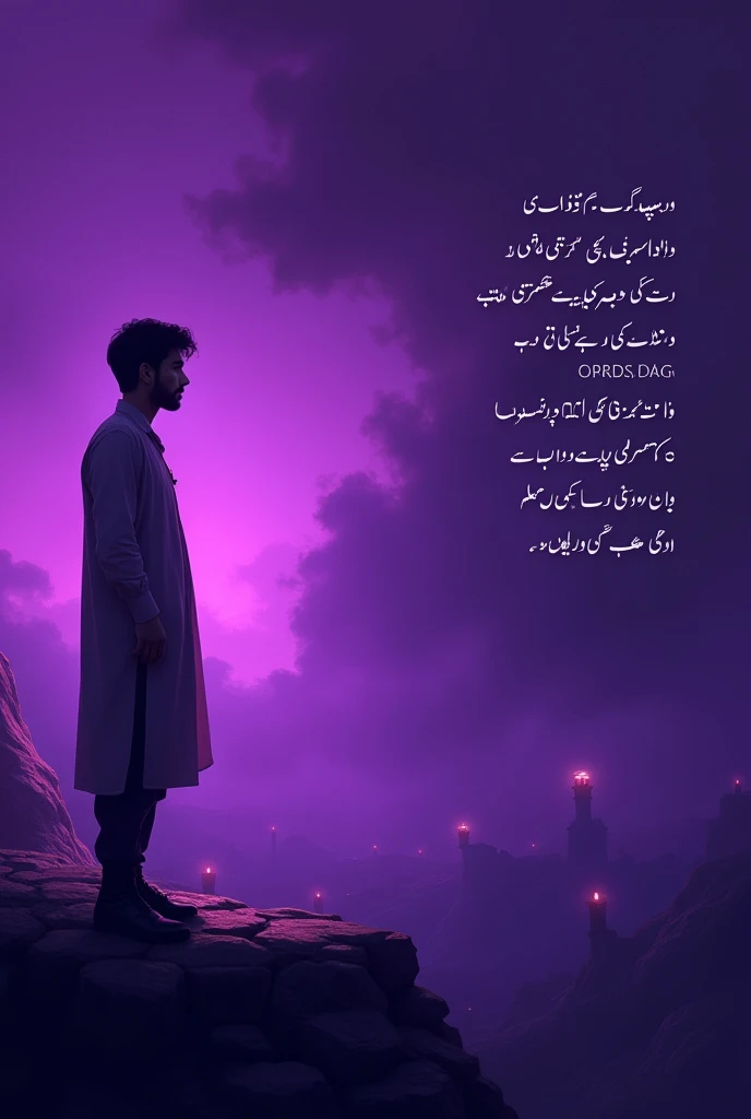 Baground purpal and right side It may be written in Urdu language me chup khadha Hu darbare Mustafa me.